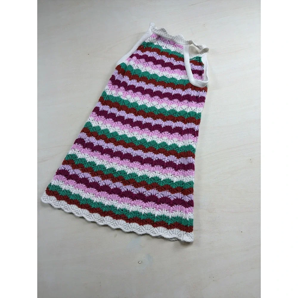 Old Navy Girls 5T Knit Dress Multi Color Scalloped Stripe Crochet Style A-Line
